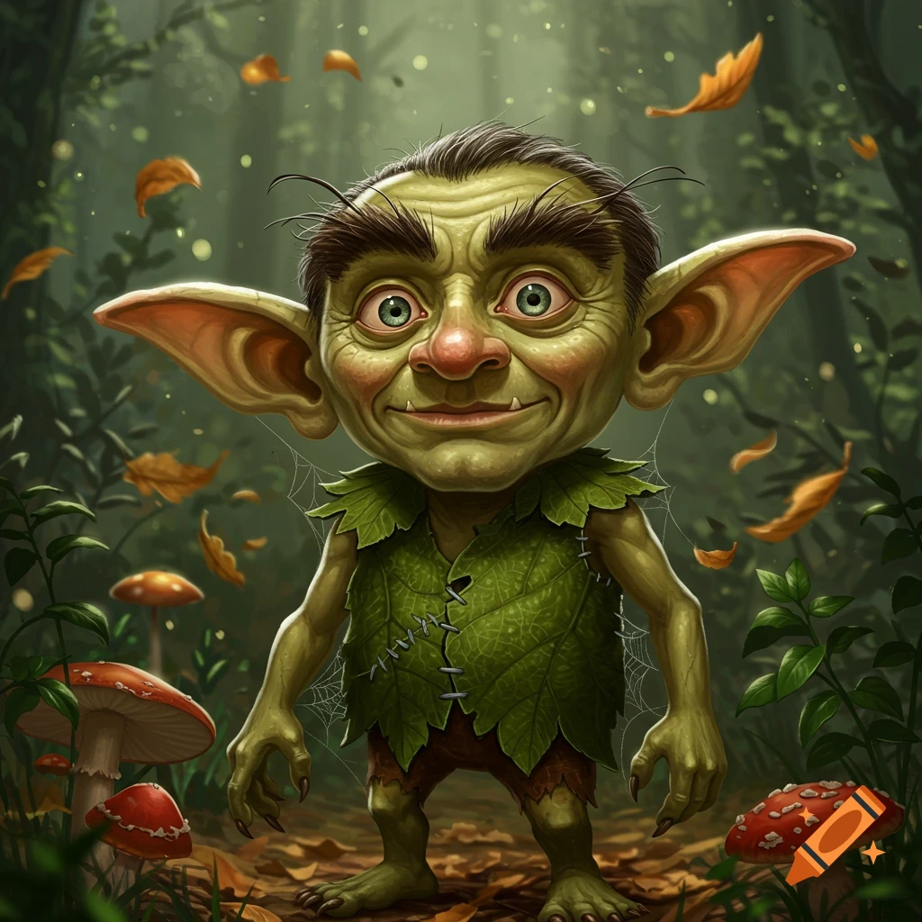 A green-skinned goblin with large ears and bushy eyebrows, wearing a leaf-vest, stands smiling in a magical forest with mushrooms.