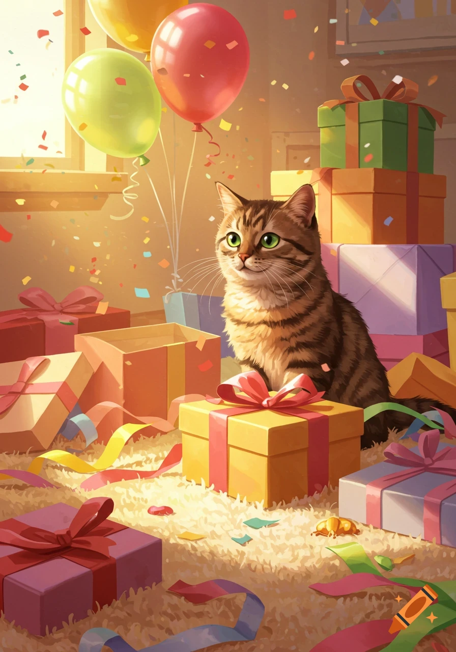 A cute tabby cat sits among colorful birthday presents, ribbons, and confetti in a bright room with balloons.