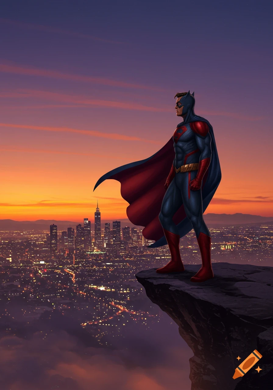 Superhero in blue and red suit with a flowing cape stands on a cliff overlooking a sprawling city at sunset, digital art.