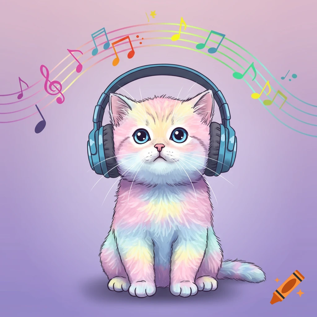 A cartoon rainbow-colored kitten wearing blue headphones sits as colorful music notes float around its head.