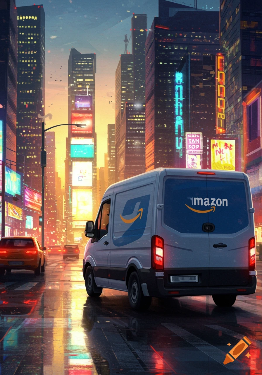 An Amazon delivery van drives down a wet city street at sunset, surrounded by tall buildings with illuminated billboards.