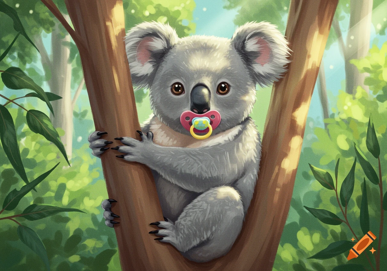 A cute baby koala wearing a pacifier, clinging to a tree branch in a vibrant, digitally illustrated forest.
