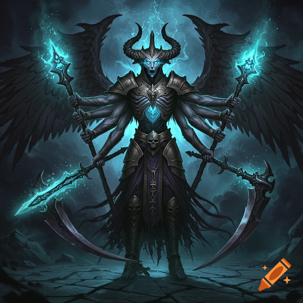 A powerful, multi-armed demonic or lich-like figure with large wings, glowing teal weapons, and elaborate armor, standing in a dark, stylized fantasy setting.