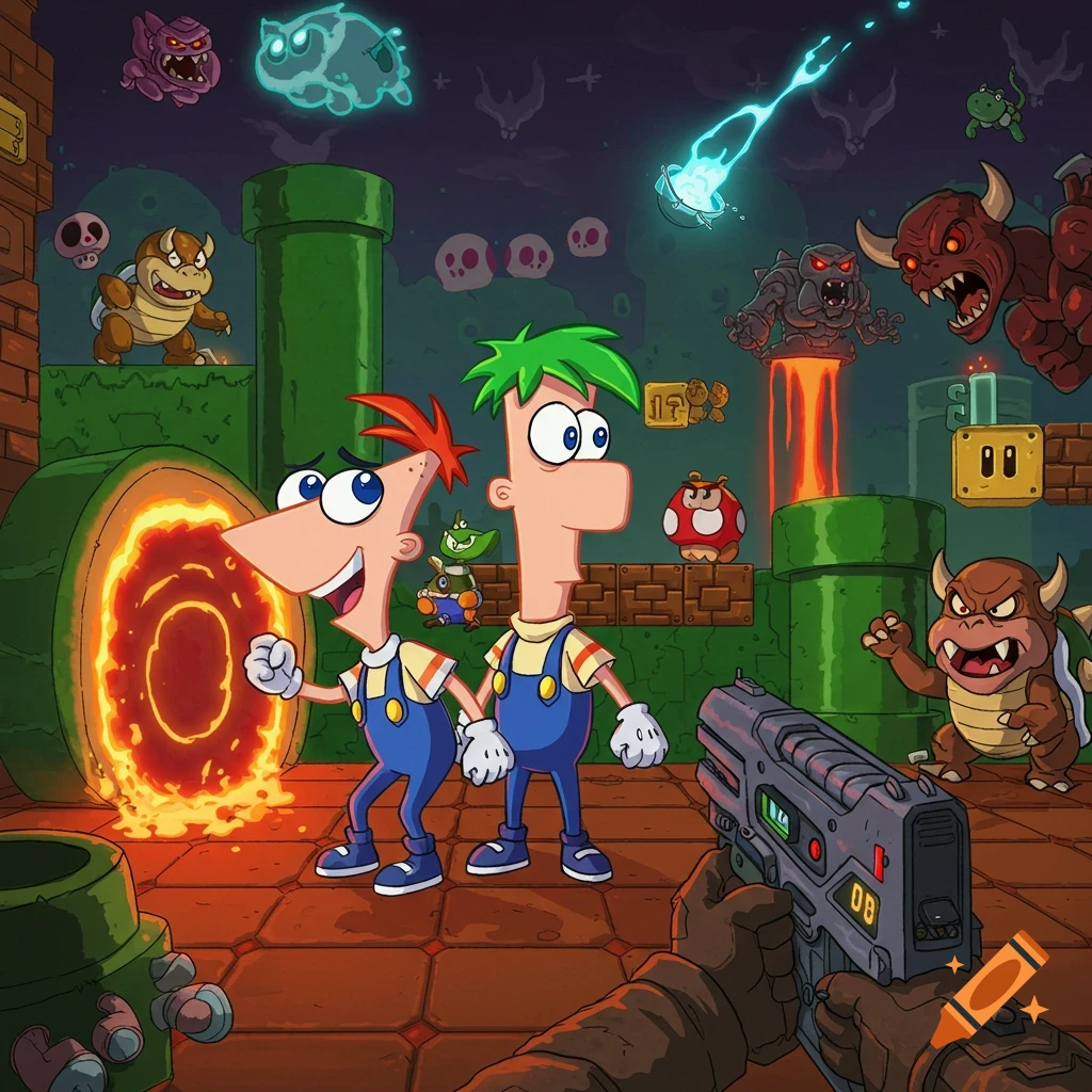 Cartoon crossover of Phineas and Ferb in a Mario-style world with Doom enemies, from a first-person shooter view.