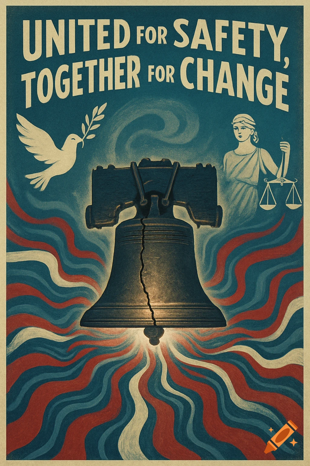 A vintage patriotic poster with a cracked Liberty Bell, a dove, and Lady Justice, over red, white, and blue waves. Text reads "UNITED FOR SAFETY, TOGETHER FOR CHANGE."