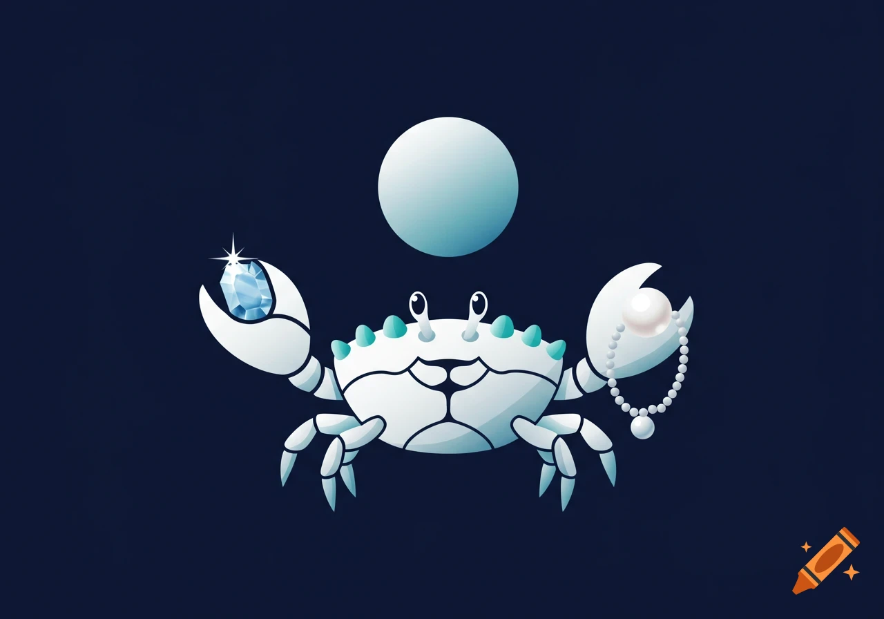 A white and blue cartoon crab holds a sparkling blue diamond in one claw and a pearl necklace in the other, with a pale blue moon overhead, against a dark blue background.