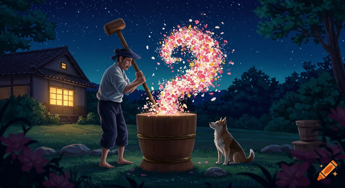 An illustration of a Japanese man pounding mochi, creating a question mark out of pink and white petals, while a dog watches at night.