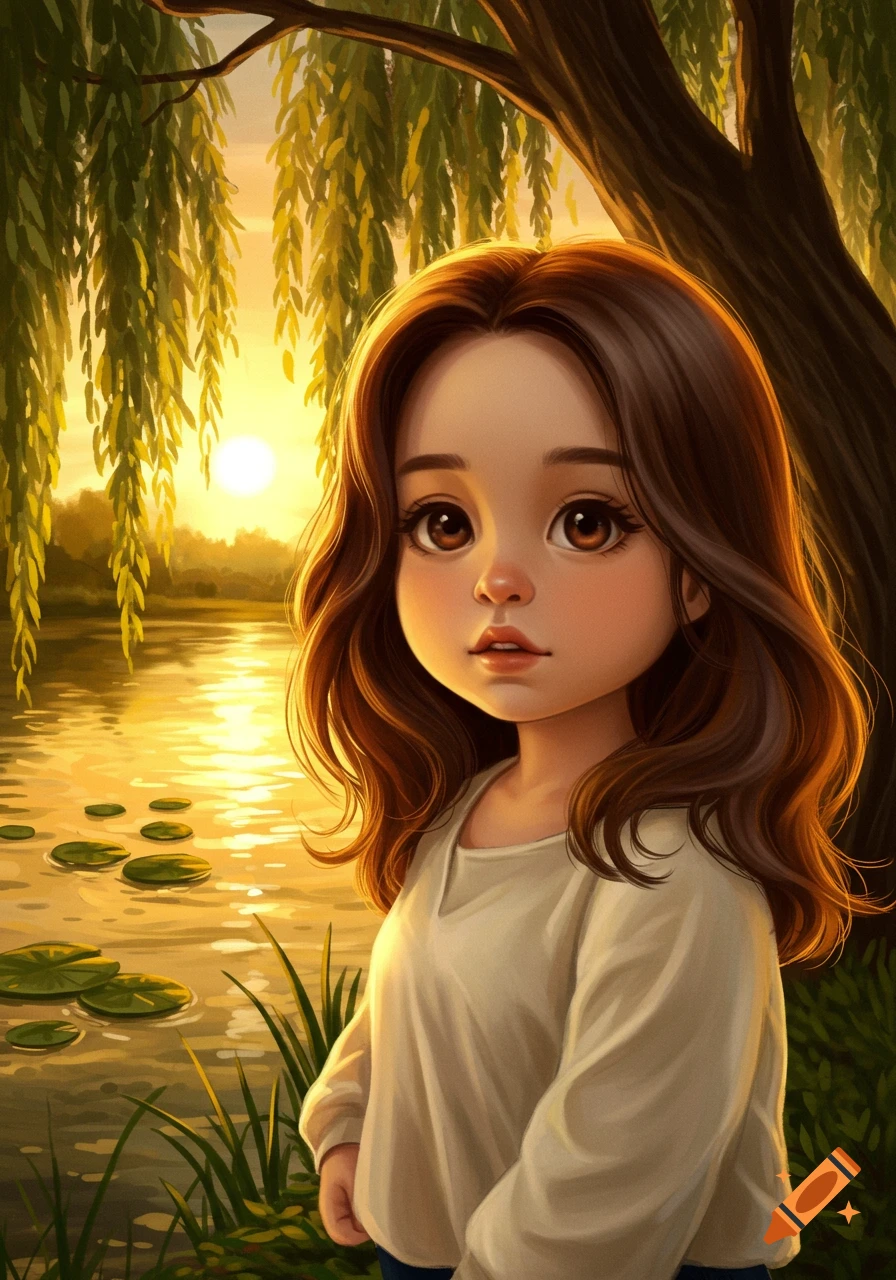 A cute, cartoon-style girl with long brown hair and big eyes stands by a lake with lily pads and weeping willow trees at sunset.