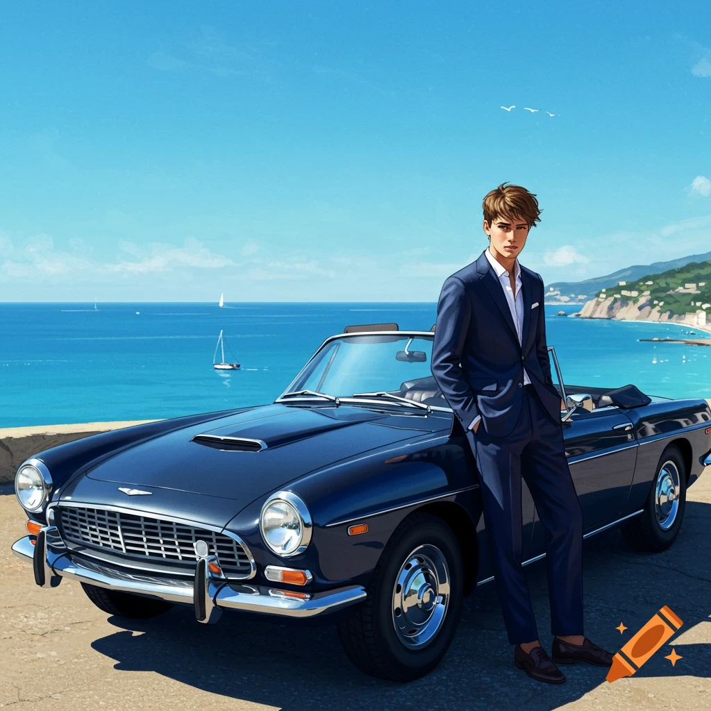 A man in a blue suit stands beside a dark blue vintage convertible car on a sunny day by the ocean.