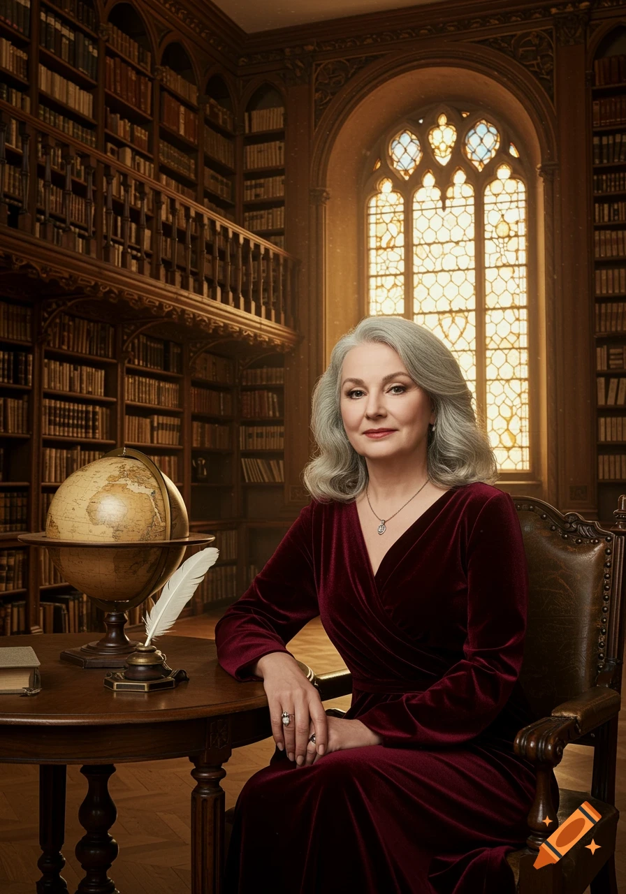 A distinguished woman with gray hair in a red velvet dress sits at a table with a globe in a grand, sunlit library.