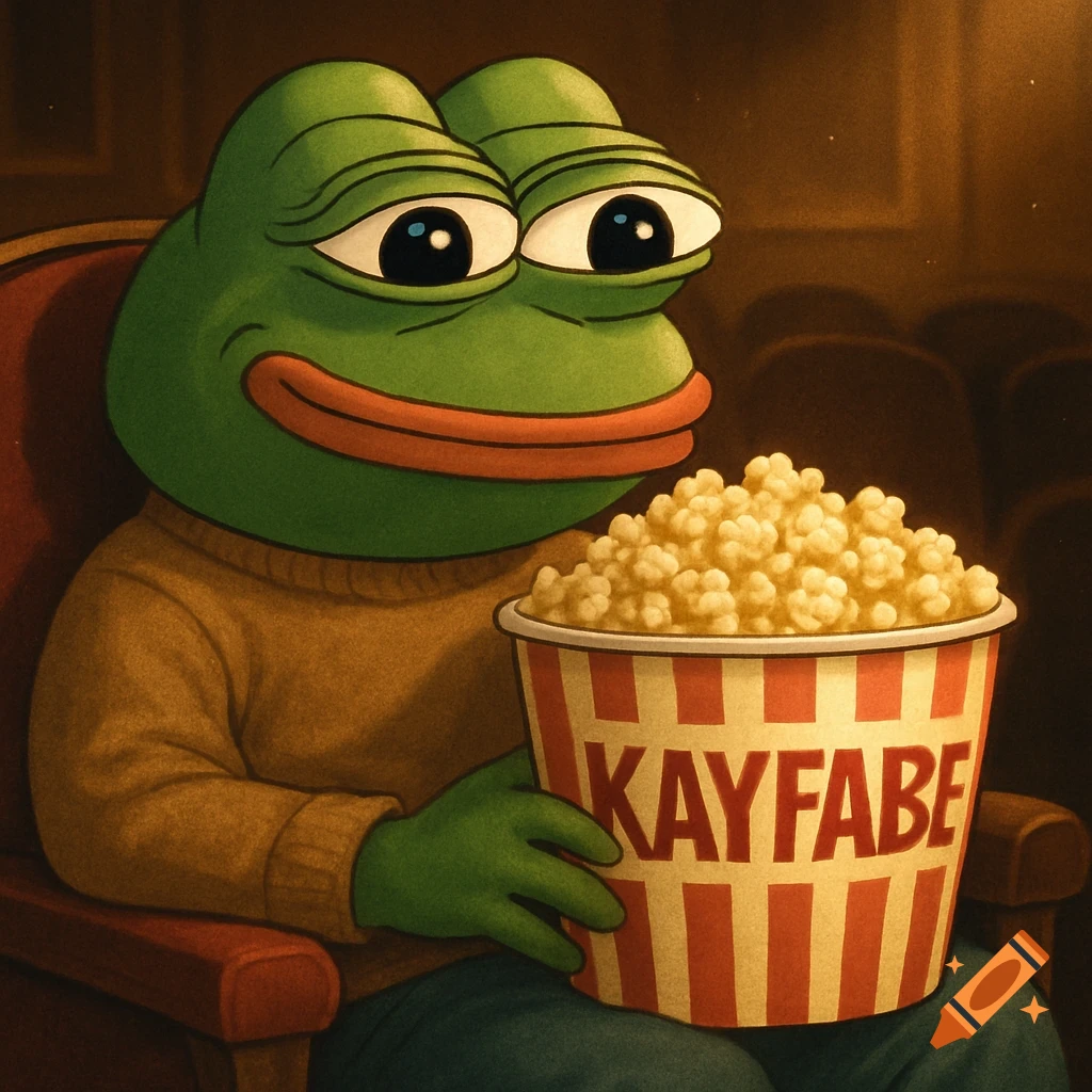 Pepe the frog sitting in a movie theater seat, eating popcorn from a bucket labeled 'KAYFABE'.