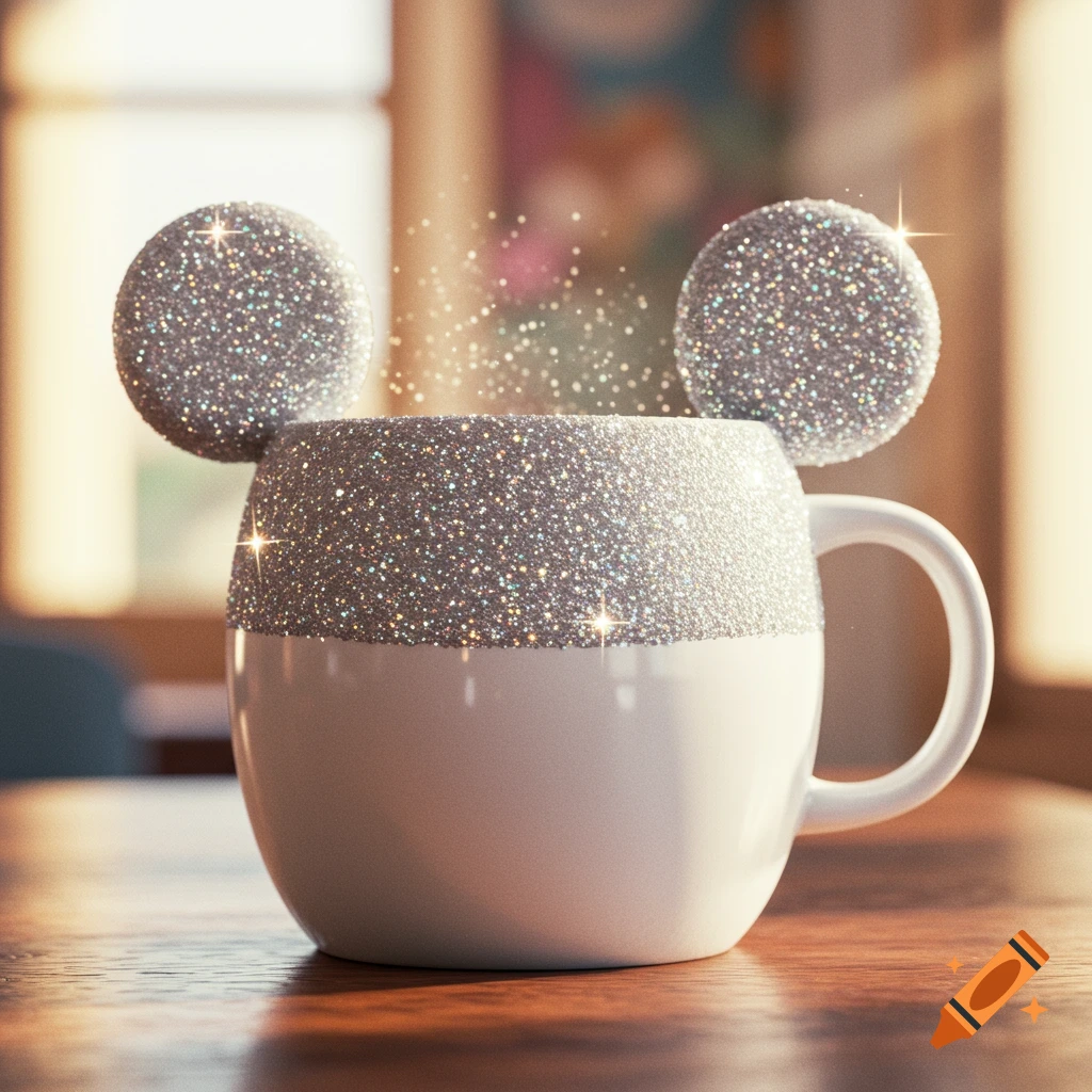A white coffee mug with glittery silver Mickey Mouse ears on a wooden table, sparkling with light.