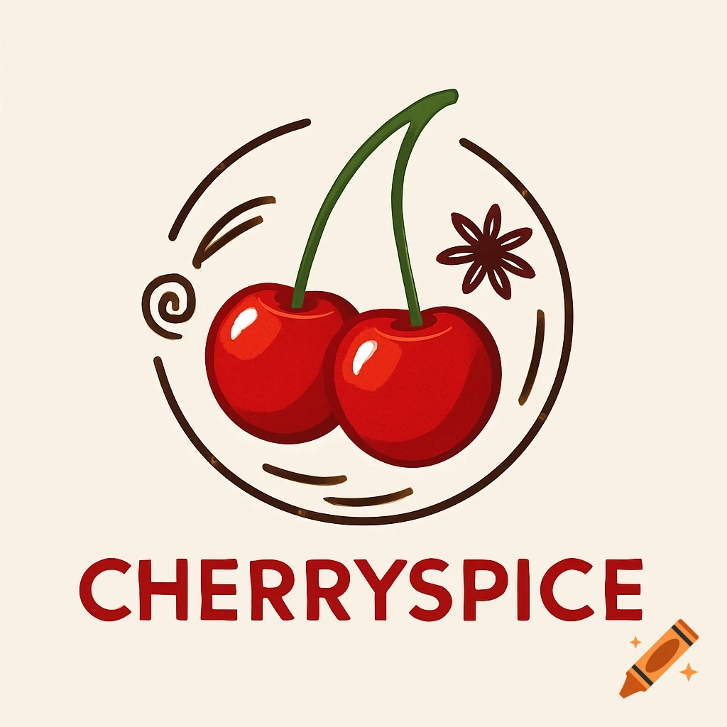A logo featuring two red cherries and a star anise inside a brown circular outline, with the word CHERRYSPICE below it.