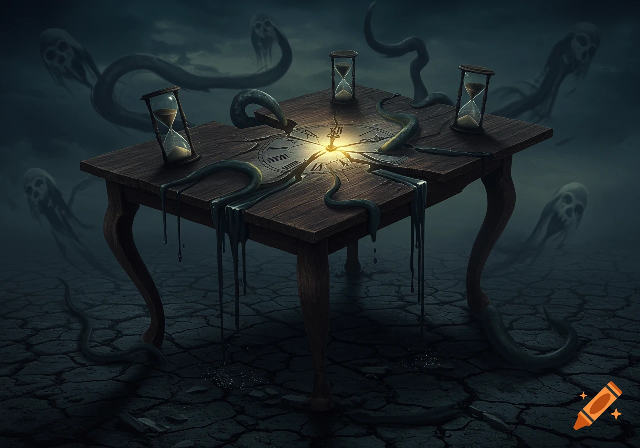 A dark, surreal image of a wooden table with a melting clock face and glowing center. Tentacles emerge from the table, and ghostly skull-like figures float in the background over cracked earth, with hourglasses on the table.