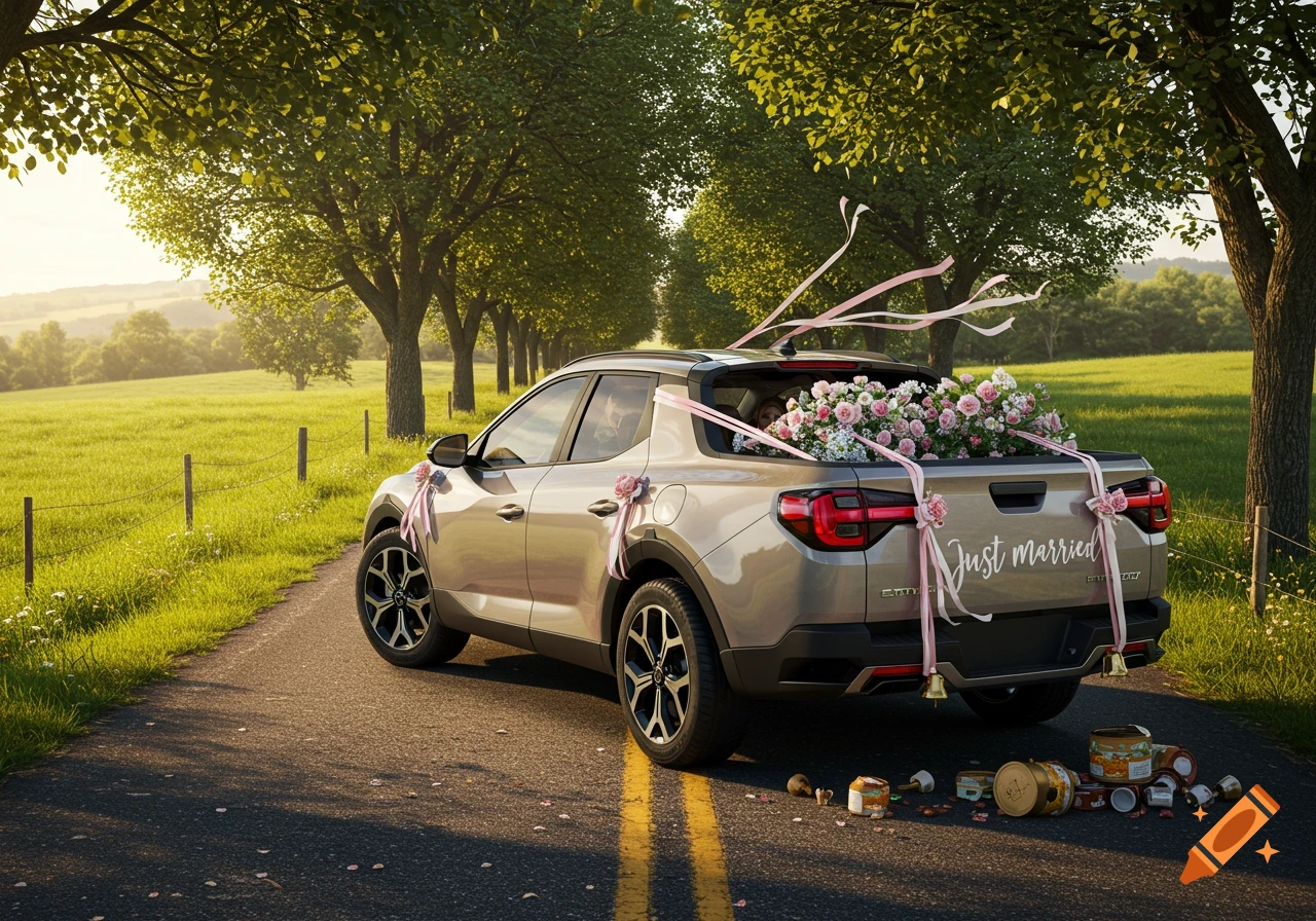 A grey pickup truck decorated with pink ribbons and flowers, with 'Just married' on the tailgate, drives down a tree-lined road.