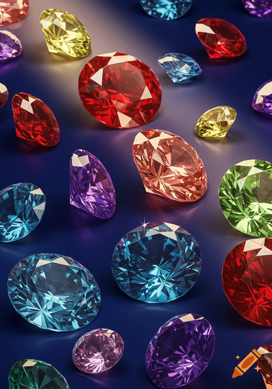 A close-up, photorealistic view of many colorful, faceted gemstones scattered on a dark blue surface.
