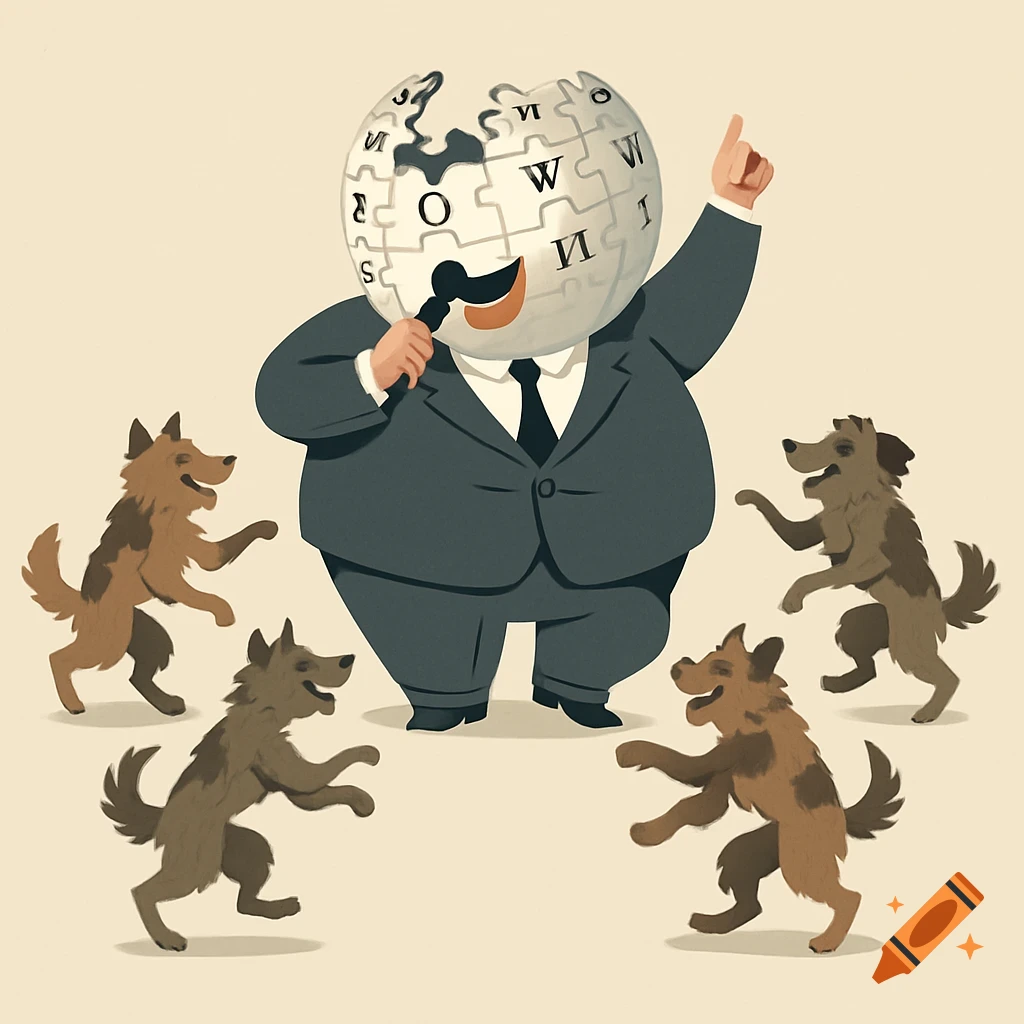 A cartoon businessman with a Wikipedia globe for a head calls a square dance with four scruffy dogs.