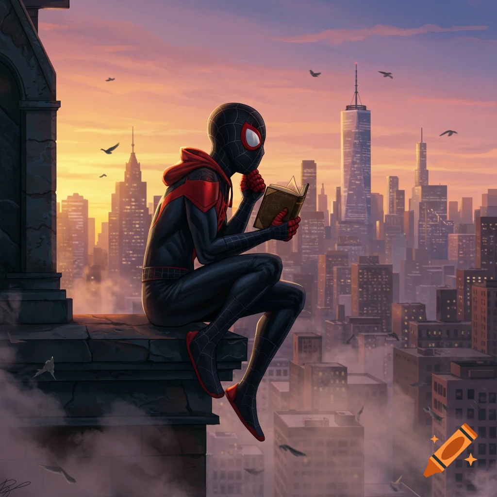 Miles Morales, in his black and red Spider-Man suit, sits on a stone rooftop ledge reading a book with a cityscape and sunset sky in the background.