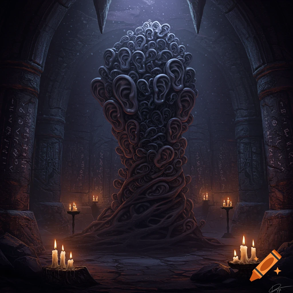 An eldritch creature made of many ears stands in a dark, ancient stone temple, lit by candles.