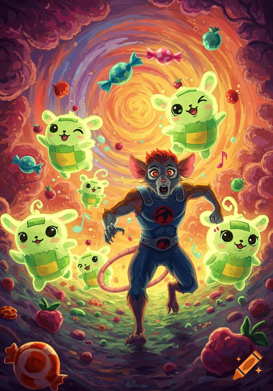 Cartoon Ratar-o runs terrified through a colorful, swirling dreamscape, chased by cute green creatures among floating candies and fruits.