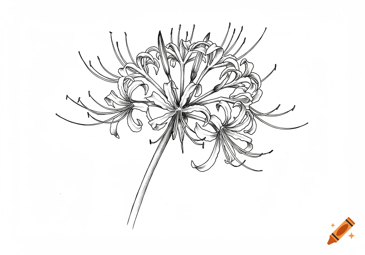 A black and white ink drawing of a Higanbana flower.