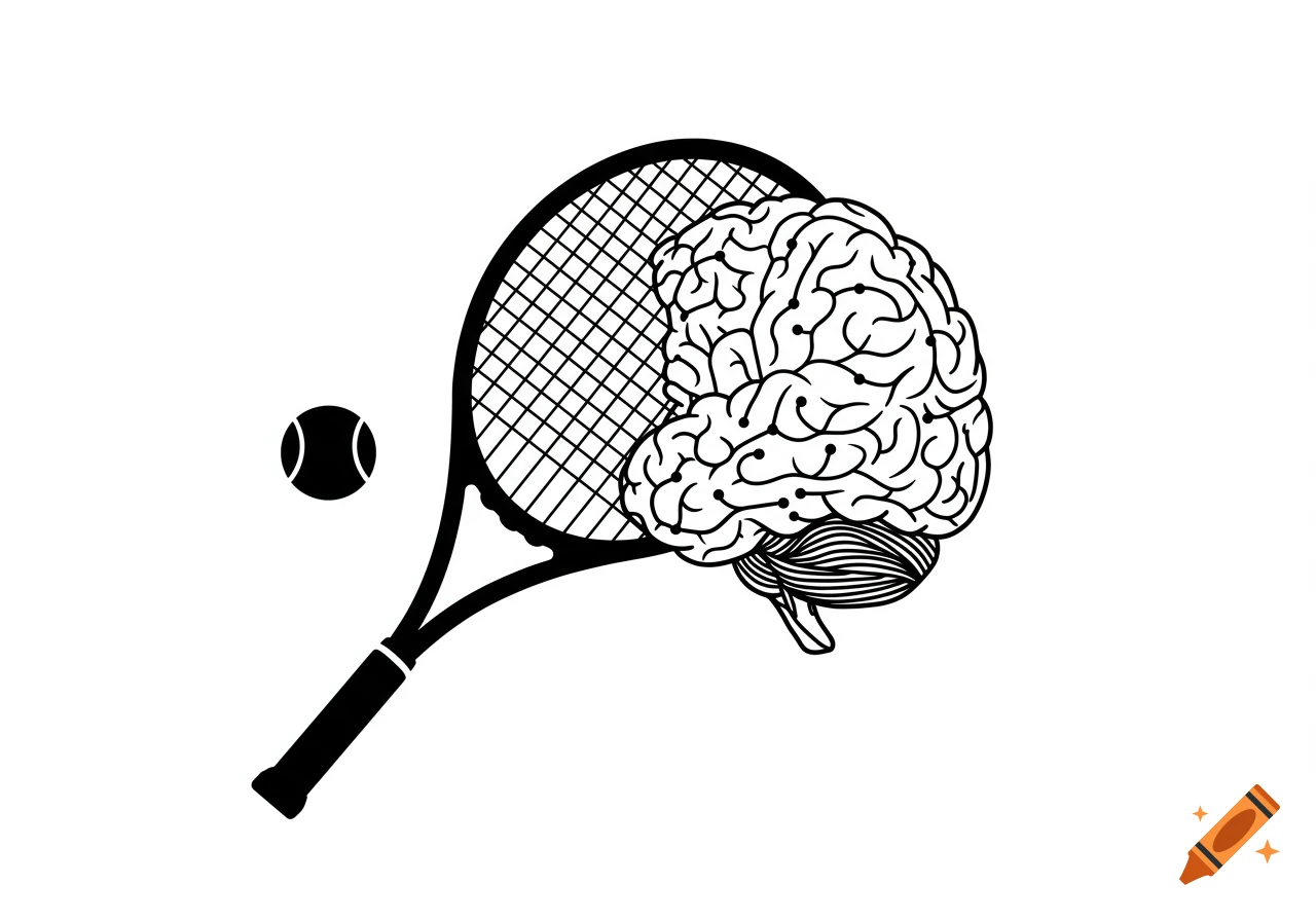 A black and white line art illustration of a human brain with circuitry patterns, overlapping a tennis racket, with a tennis ball nearby.