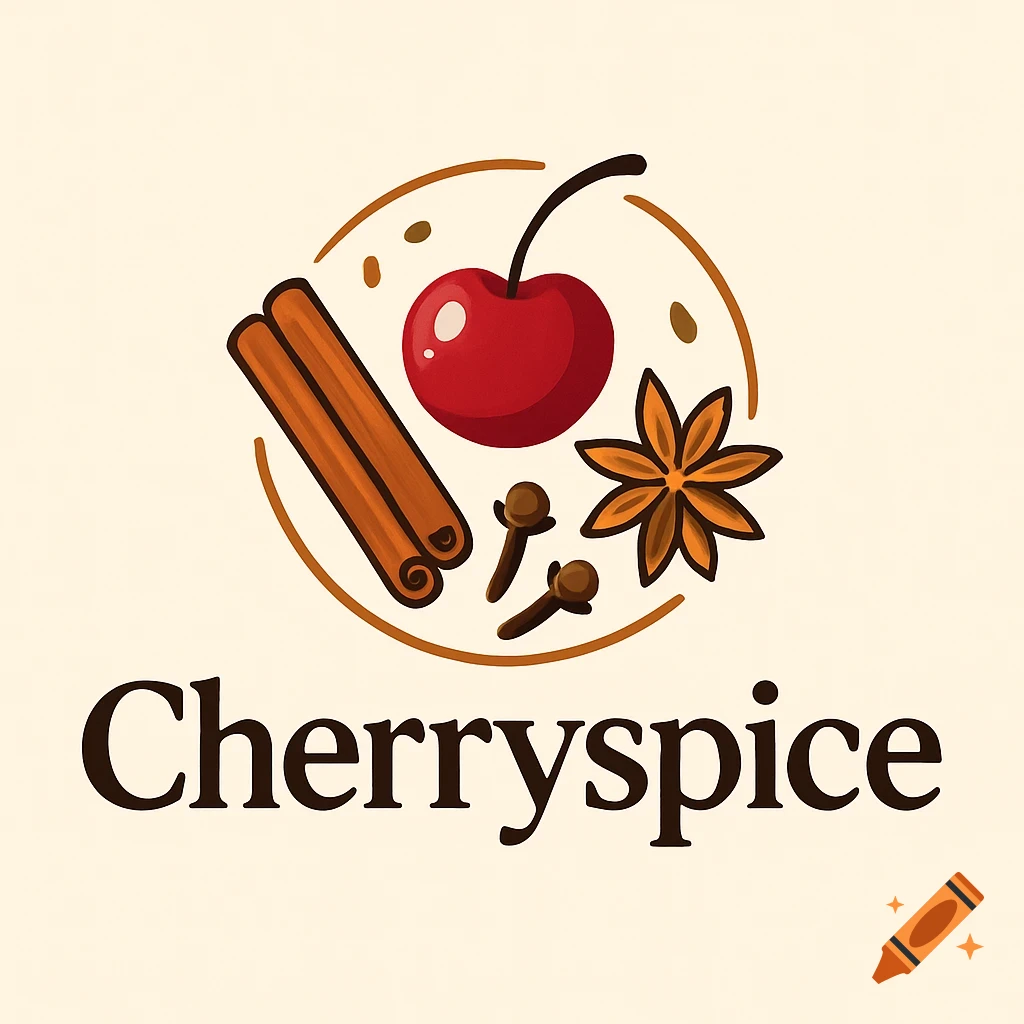 Simple vector logo for Cherryspice with a red cherry, cinnamon sticks, star anise, and cloves in a circular design above the text.