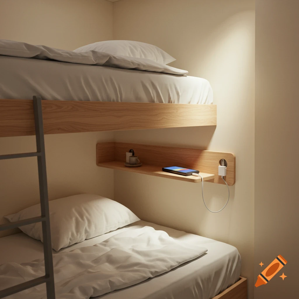 A realistic image of a small bedroom with a light wood bunk bed, featuring a shelf with a charging smartphone on the top bunk.