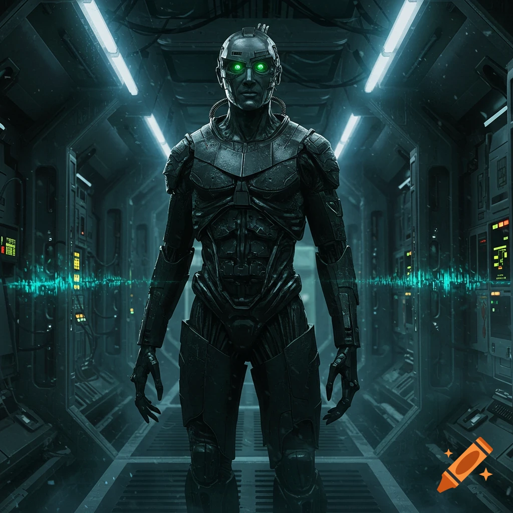 A photorealistic image of a Borg drone with glowing green eyes in a futuristic sci-fi corridor.