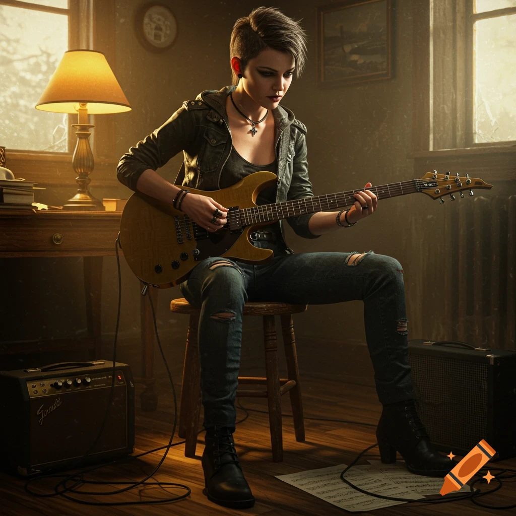 A young woman with short hair and a leather jacket sits on a stool, playing an electric guitar in a sunlit room.