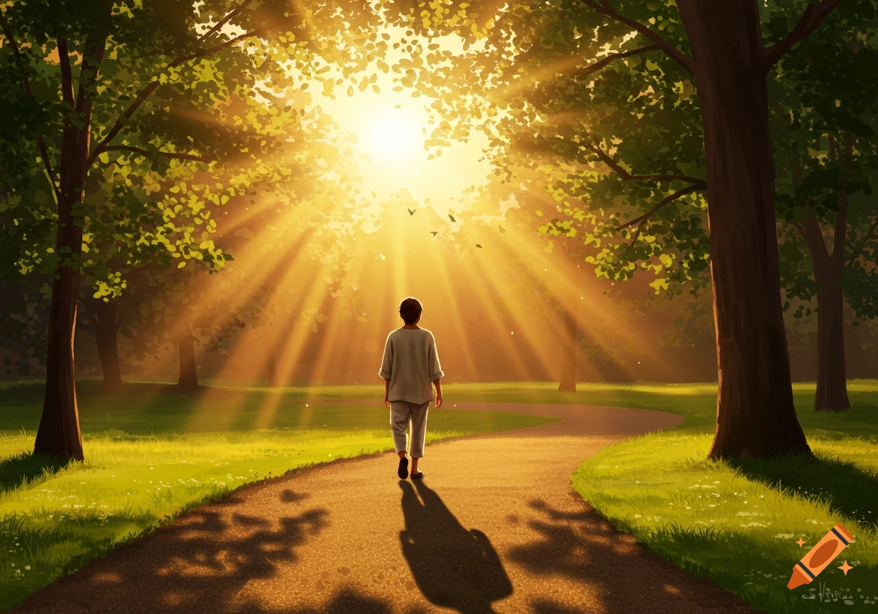 An illustrated scene of a person walking on a sunlit path through a park with trees and grass.