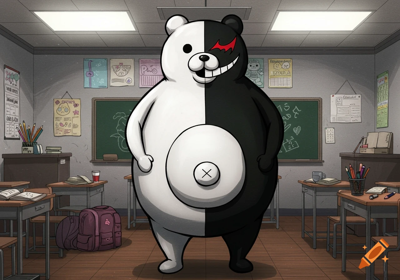 Monokuma with a large white belly and black left side, stands in the center of a classroom, smiling mischievously.