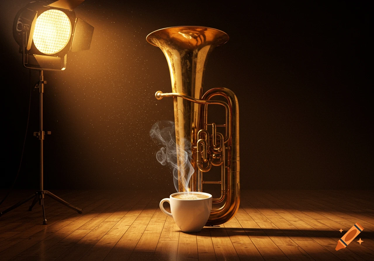 A steaming cup of coffee sits on a wooden stage floor in front of a shiny brass tuba, lit by a bright stage spotlight.