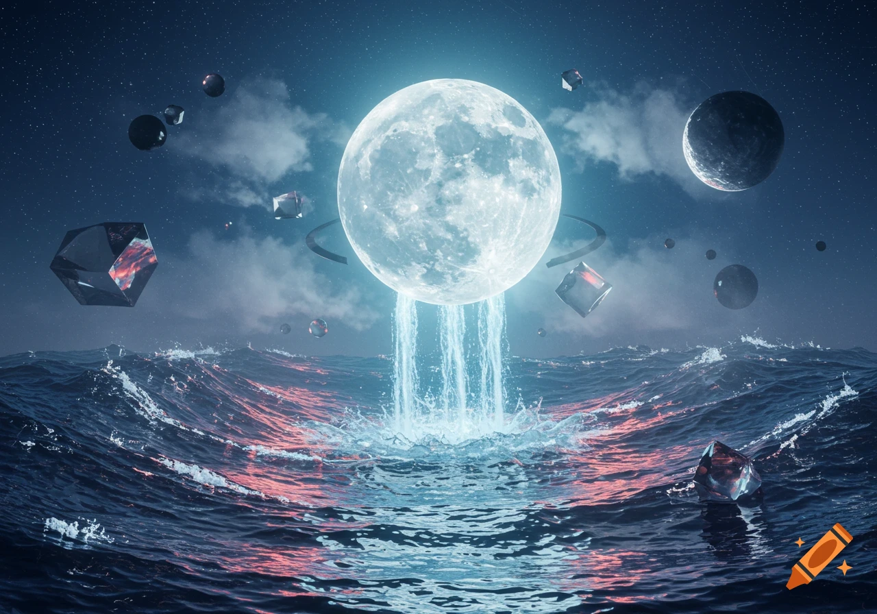 A bright moon pours waterfalls into a stormy ocean with glowing red waves, while planets and geometric objects float in the starry night sky.