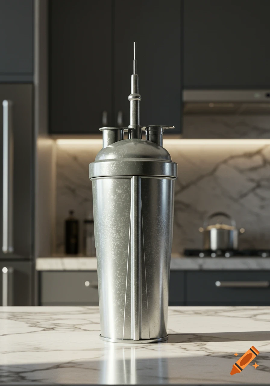 A metallic object resembling a shaker cup with a spire-like top sits on a marble countertop in a modern kitchen.