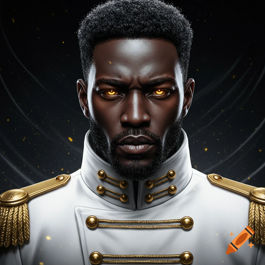 A man with dark skin, a beard, and glowing gold eyes wears a white military jacket with gold epaulets and buttons.