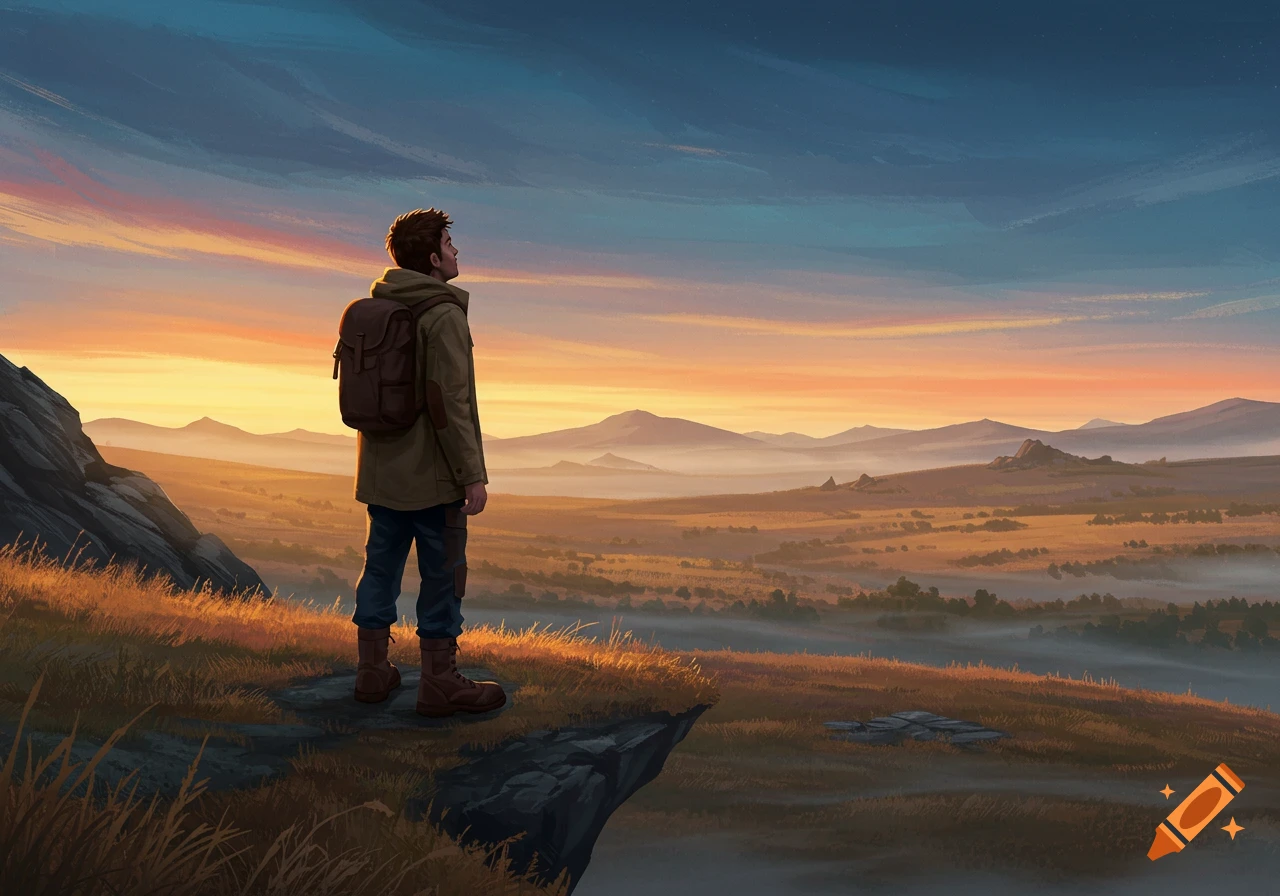 A man with a backpack stands on a cliff overlooking a vast, misty landscape at sunrise or sunset in a digital art style.