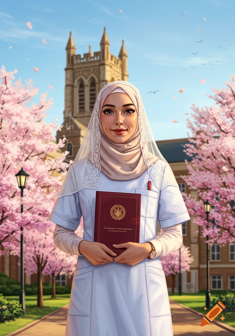 A young Muslim woman in a nurse uniform and hijab holds a graduation book in front of a university building with cherry blossoms.