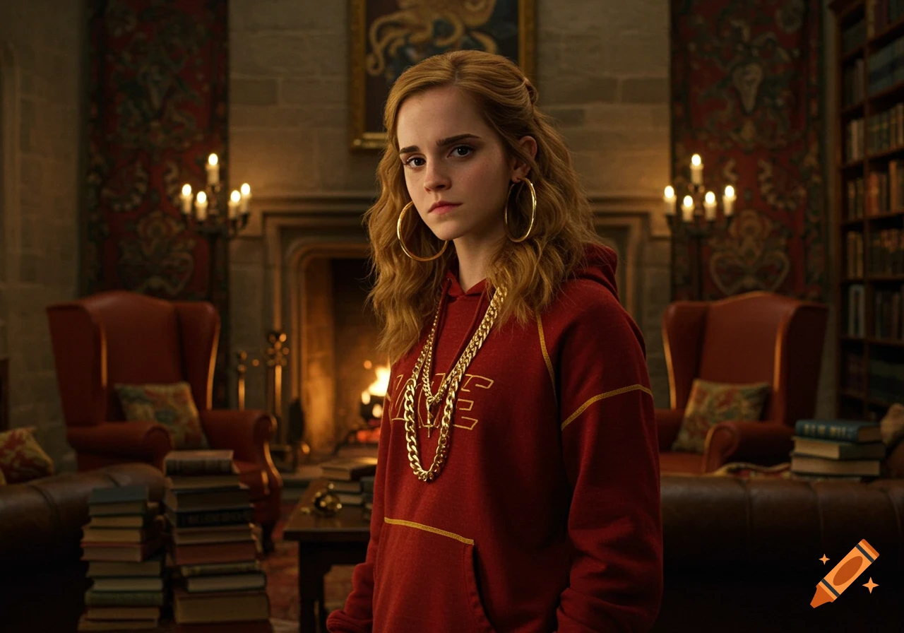 A young woman resembling Hermione Granger in a red hoodie and gold chains stands in a dimly lit common room.
