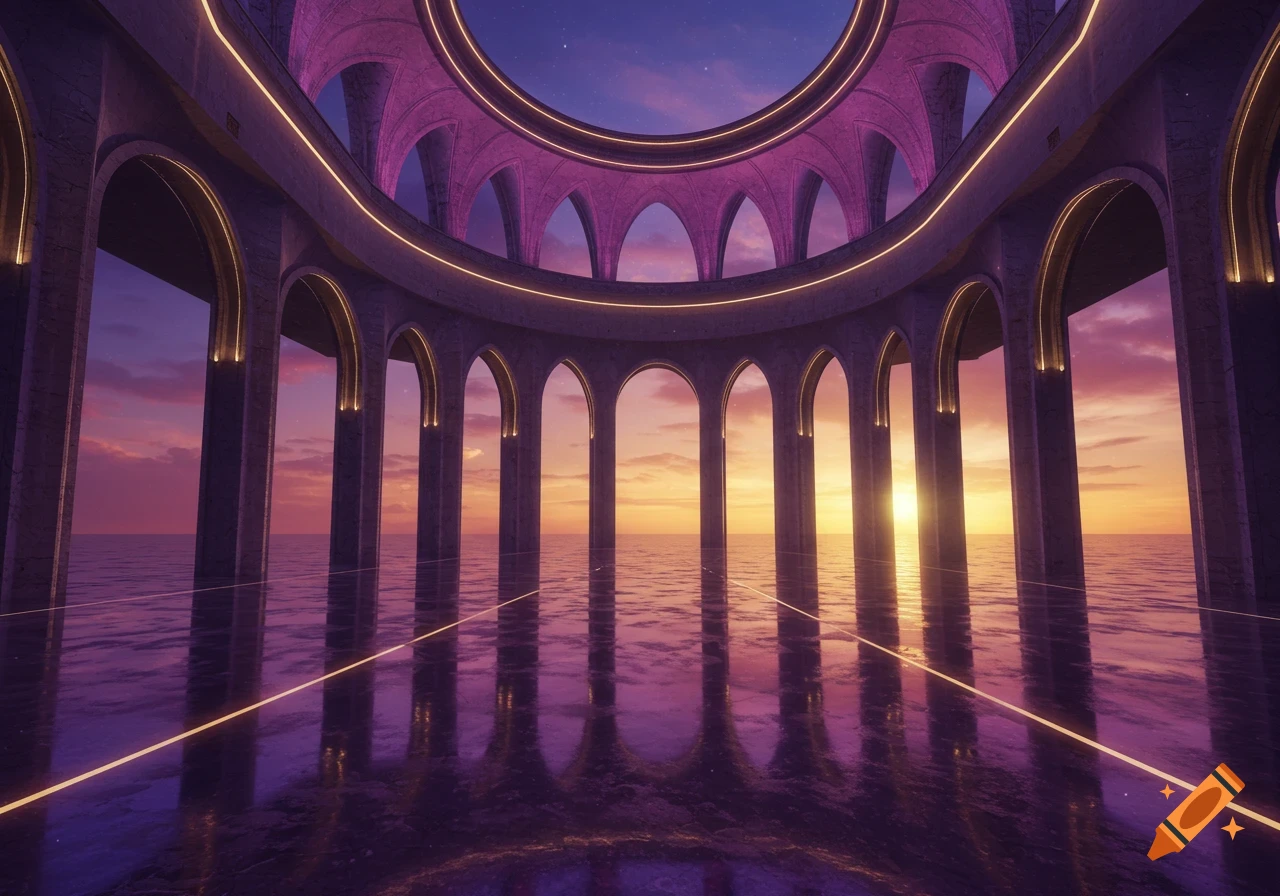 A magnificent circular atrium with arches and glowing golden lines, reflecting in purple water under a sunset sky.
