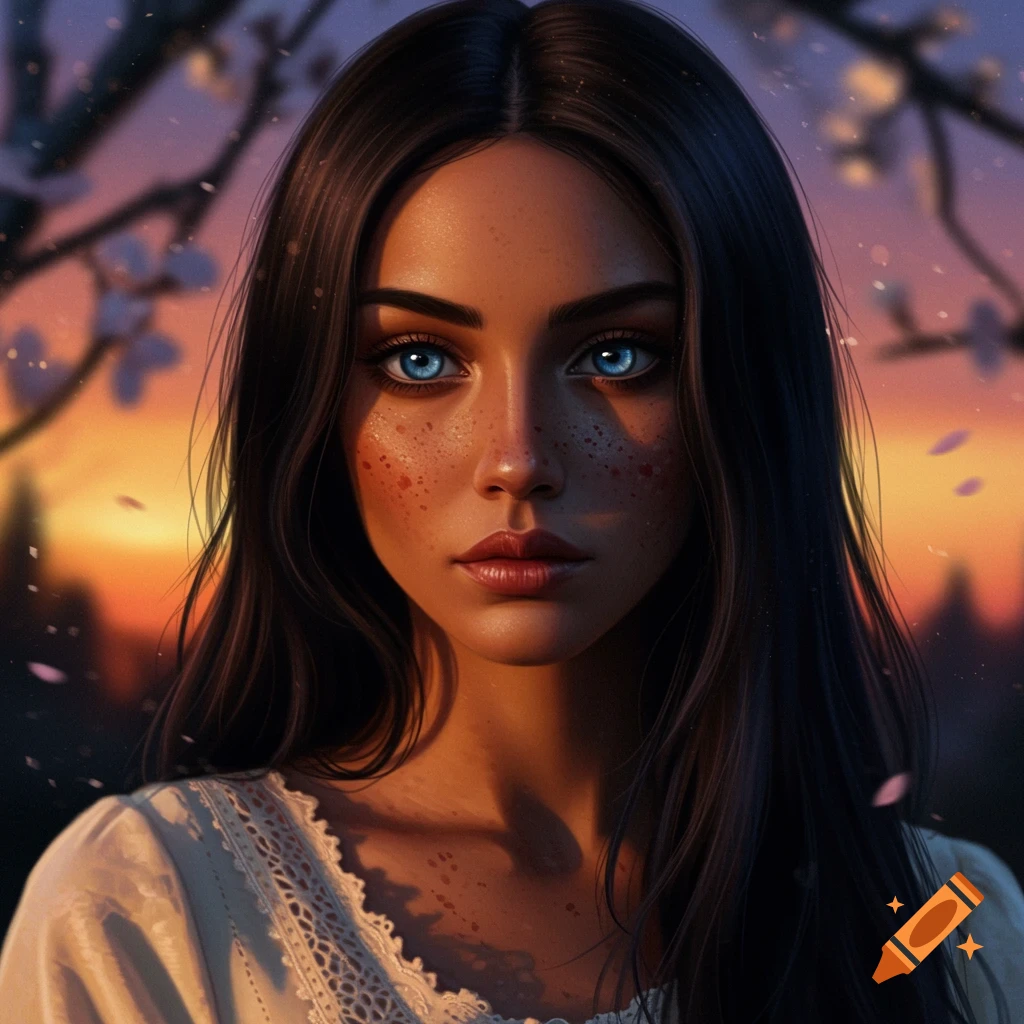 A digital art portrait of a woman with dark hair, bright blue eyes, and freckles, against a sunset sky with cherry blossoms.