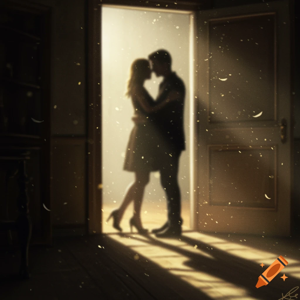 A blurred silhouette of a man and a woman embracing in a sunlit doorway with particles floating in the air.