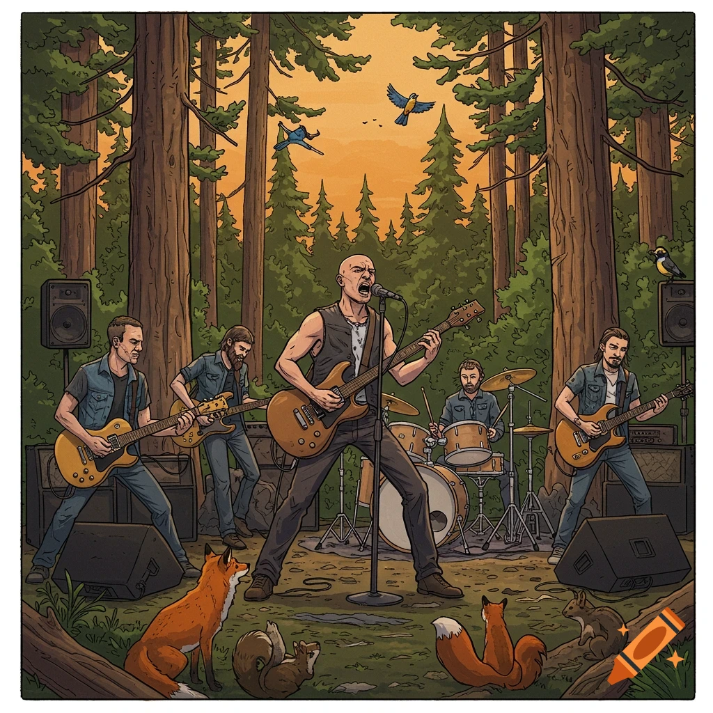 A comic book illustration of a rock band performing outdoors in a forest clearing for an audience of wild animals and birds.
