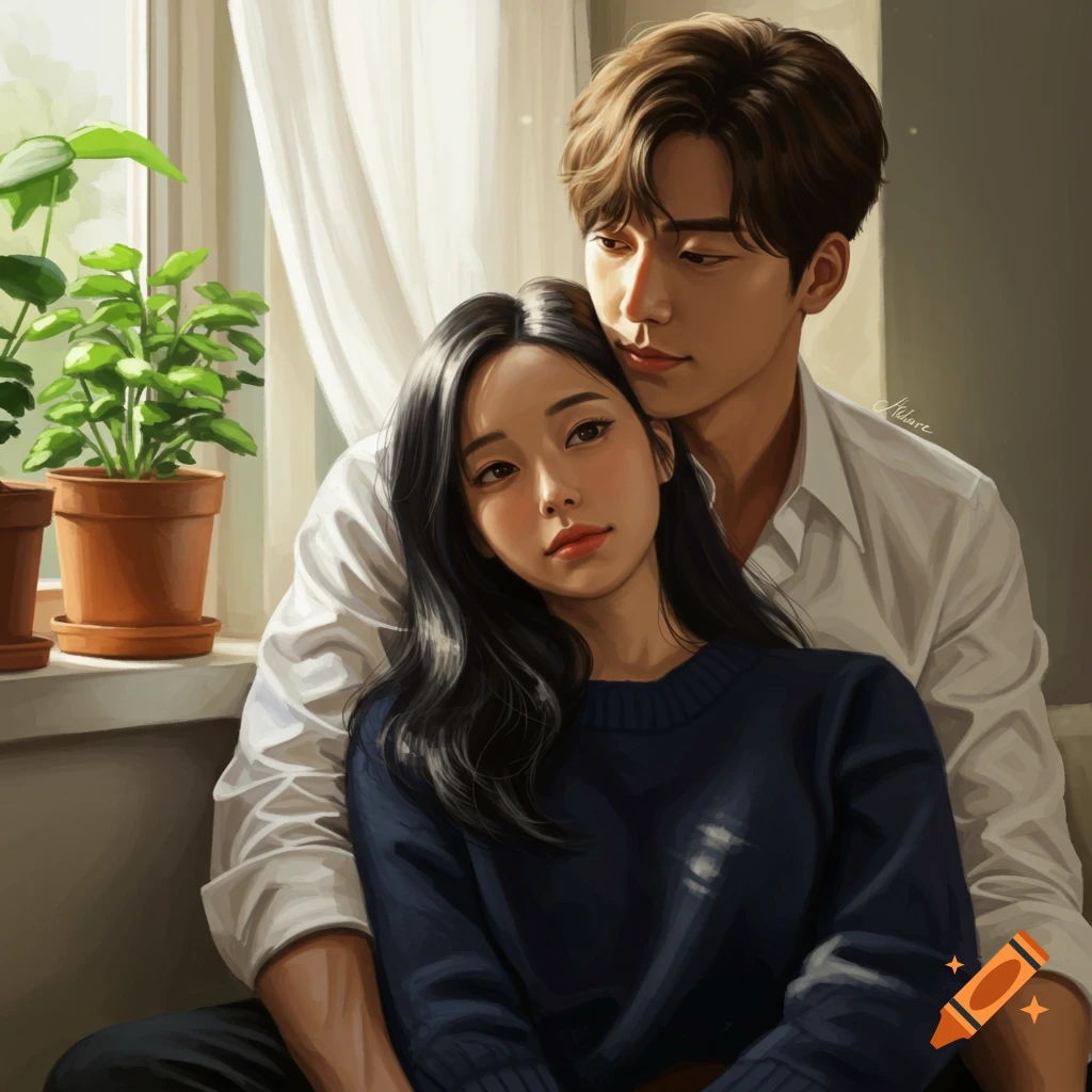 An illustrative portrait of a man with a middle part hairstyle holding a woman with long black hair, in a warm, domestic setting with plants.