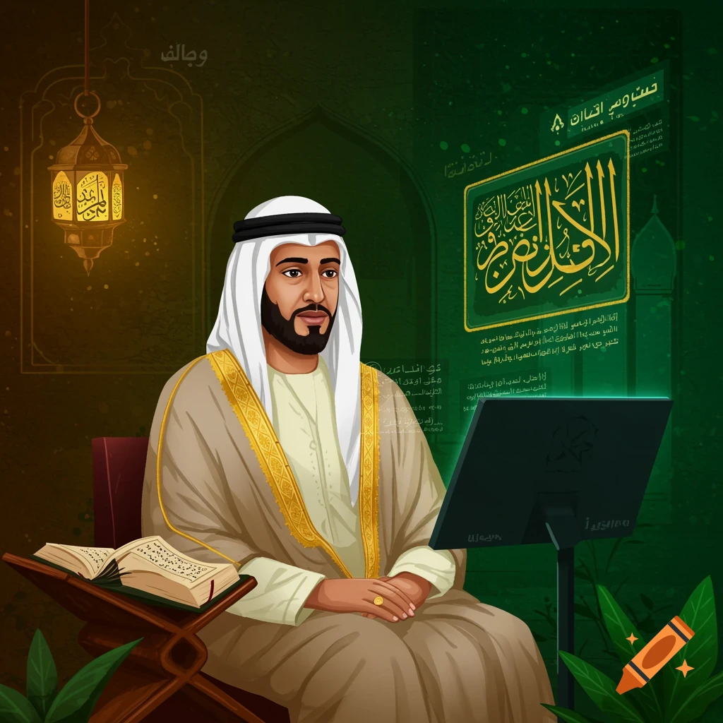 An illustrated man with a beard, wearing a white ghutra and brown thobe, sits at a desk with an open book and a glowing screen displaying Arabic calligraphy, in a room with Islamic motifs.