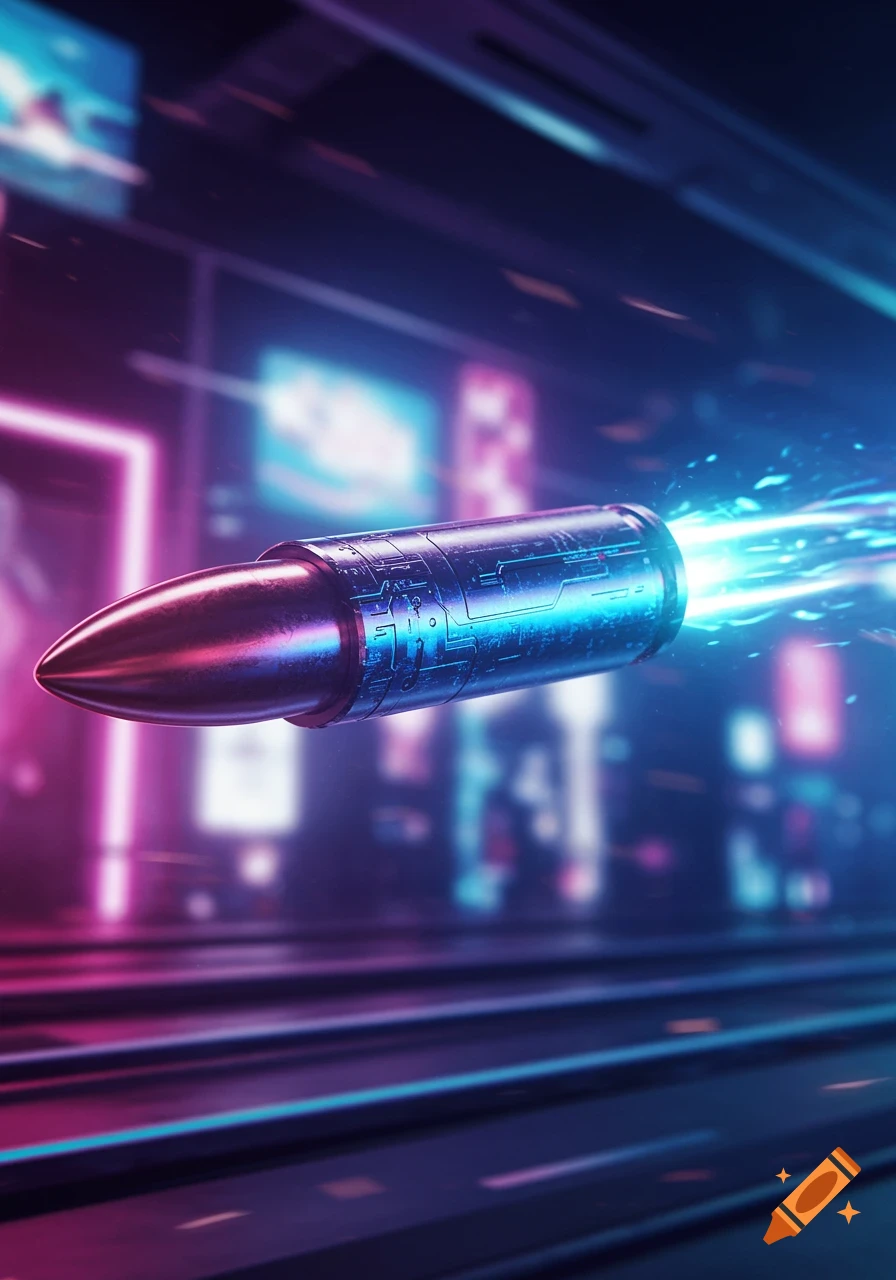 A sleek, futuristic bullet with glowing blue exhaust flies through a neon-lit cyberpunk city at night.