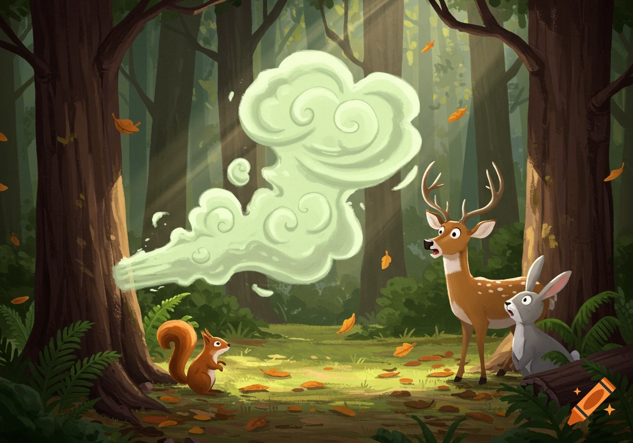 A cartoon squirrel emits a green cloud from a tree trunk, surprising a deer and rabbit in a sunlit forest.