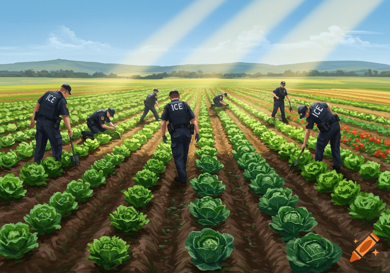 ICE officers in dark uniforms work in a long field of green lettuce, some with shovels, under a sunny sky with mountains in the distance.