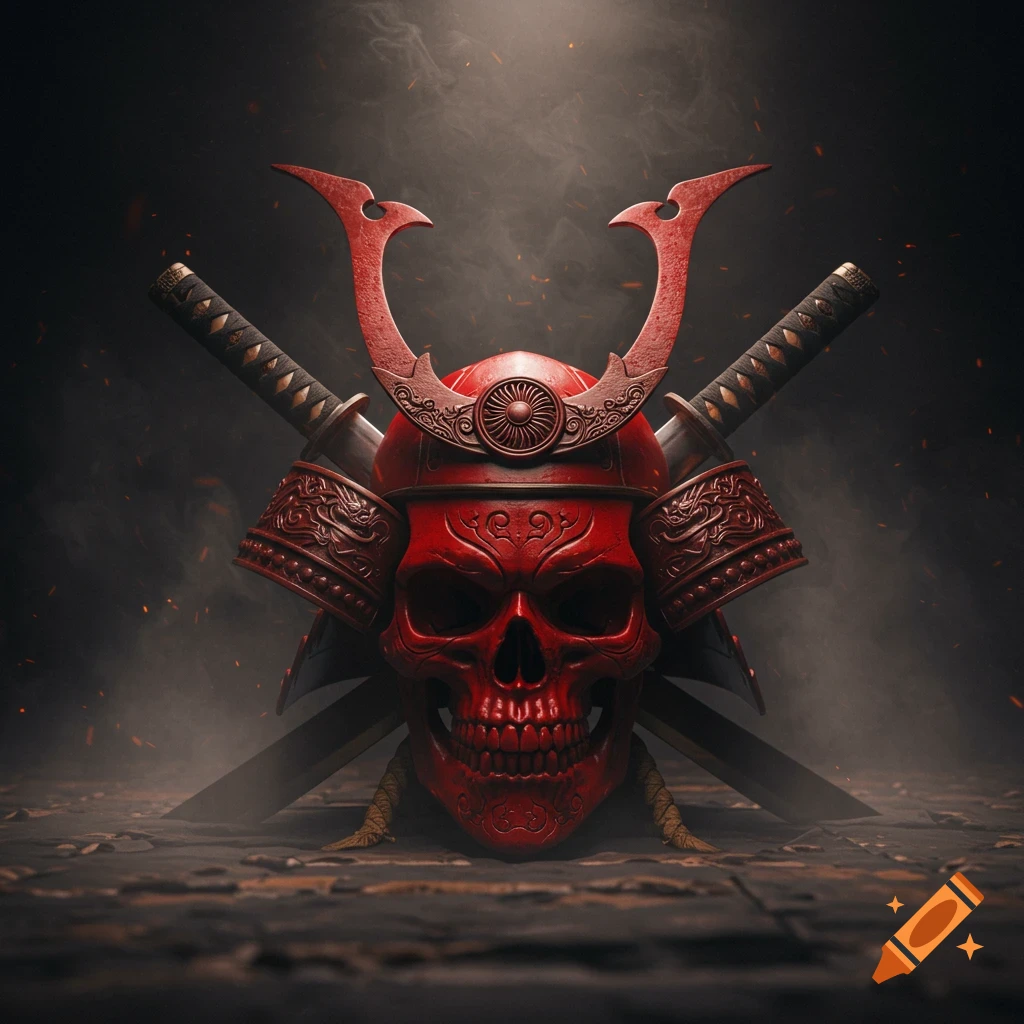 A red samurai skull wearing a helmet, with two swords crossed behind it, against a dark, smoky background.