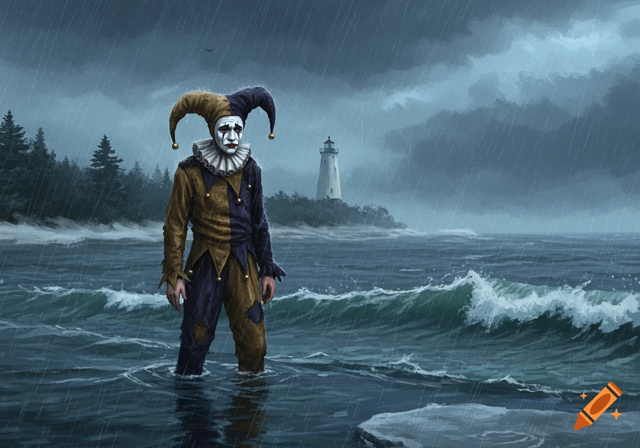 A sad jester in a blue and gold outfit stands in the stormy ocean as rain falls, with a lighthouse on an island in the background.